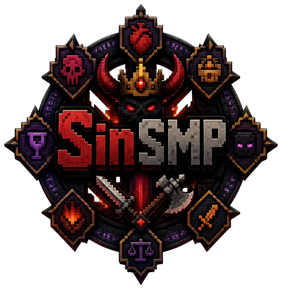 SinSMP crest – a demon king wearing a crown, surrounded by the symbols of the 8 sins